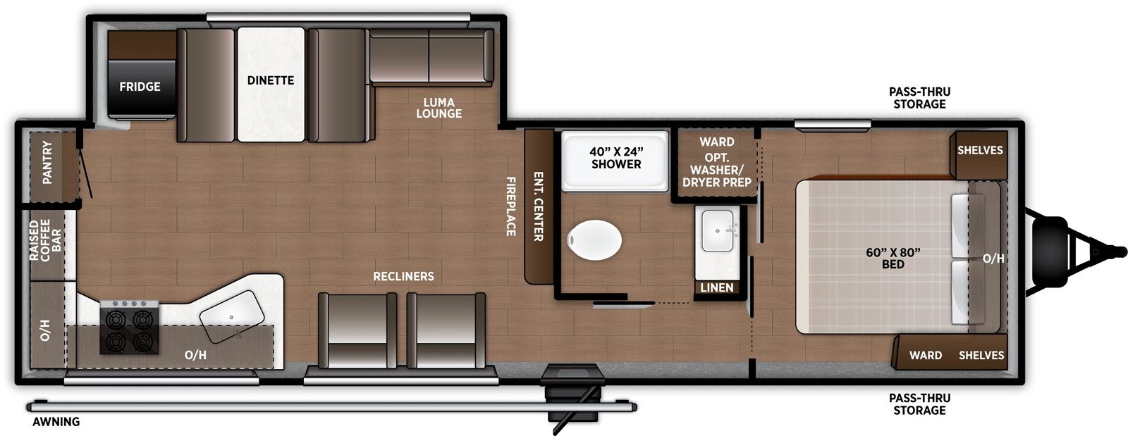 The Airelume 270 floorplan has one entry and one slide out. Exterior features include: metal exterior and 18' awning. Interiors features include: rear kitchen and front bedroom.